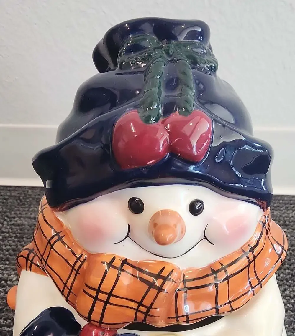 Vintage Snowman Holding Chicks Holiday Cookie Jar